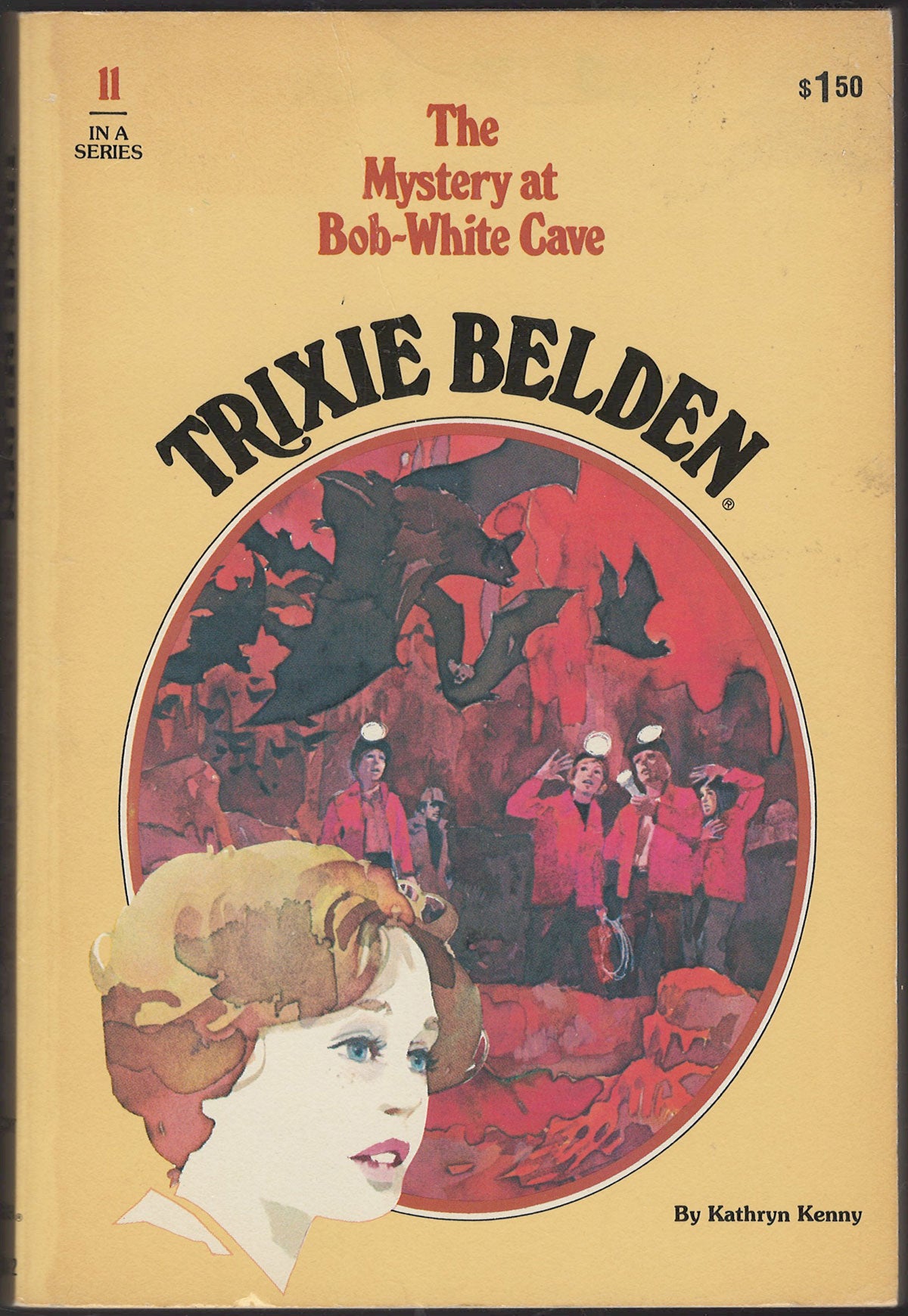 Front cover of Trixie Belden #11 The Mystery at Bob-White Cave with a illustration of people in a cave.