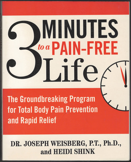Front cover of 3 Minutes to a Pain-Free Life with a clock graphic and text about pain prevention.