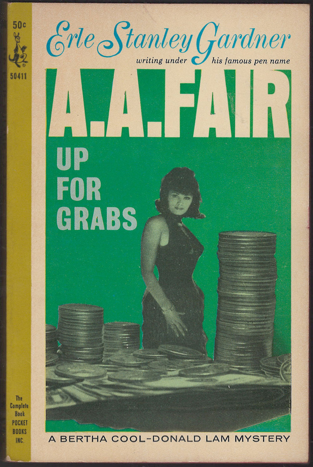Front cover of Up for Grabs by Erle Stanley Gardner with a woman and stacks of coins.