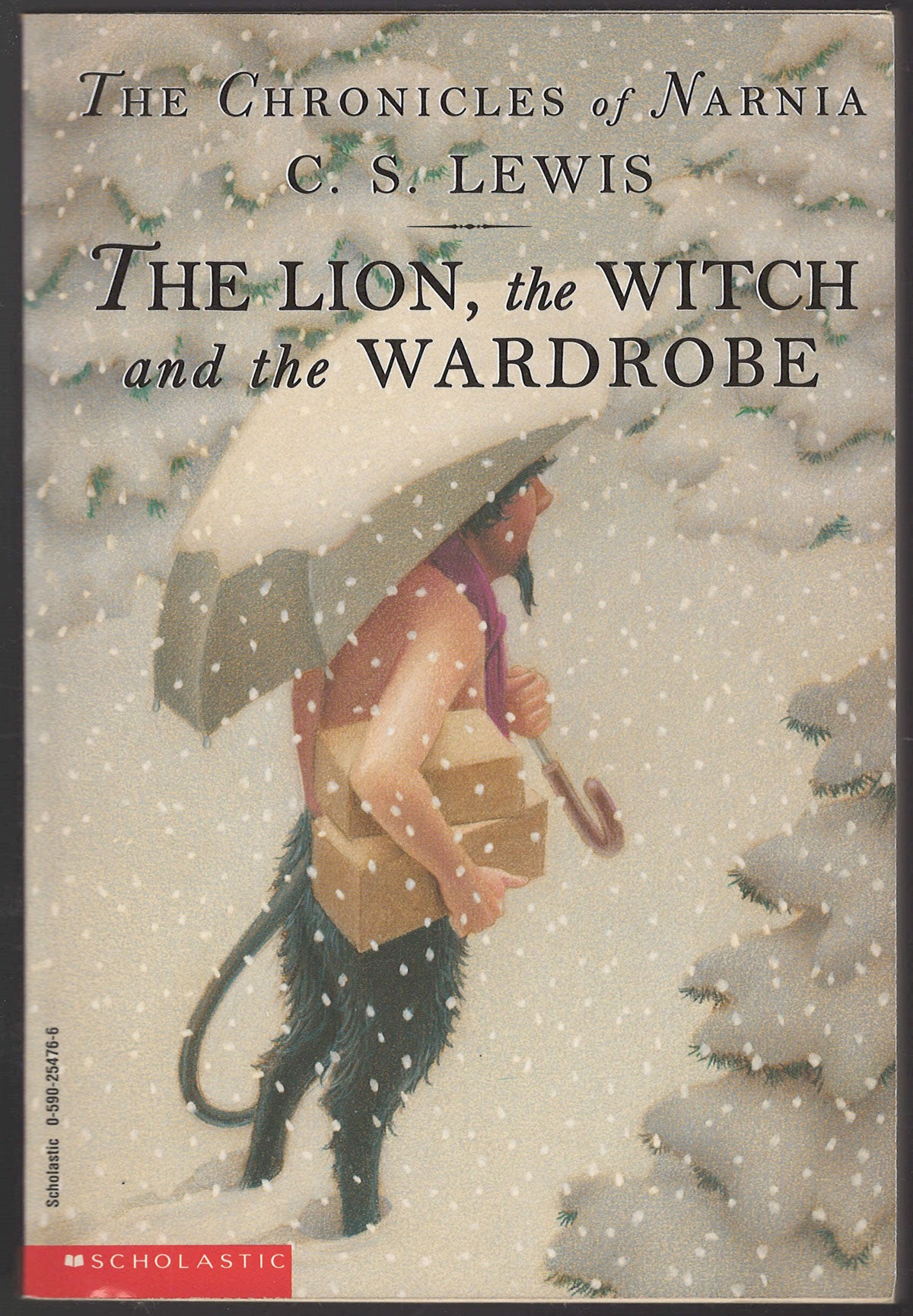 Front cover of The Lion, the Witch and the Wardrobe by C. S. Lewis with a satyr with an umbrella in snow.