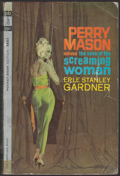 Front cover of Perry Mason Solves the Case of the Screaming Woman by Erle Stanley Gardner with a woman in a green pants suit.