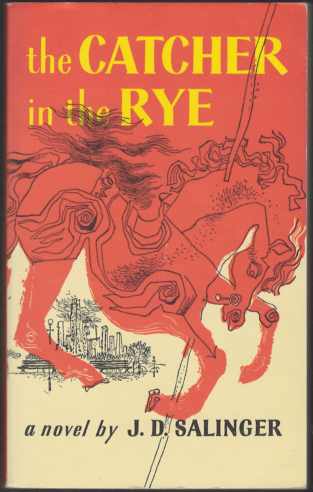 Book cover of 'The Catcher in the Rye' with a red horse illustration and yellow text.