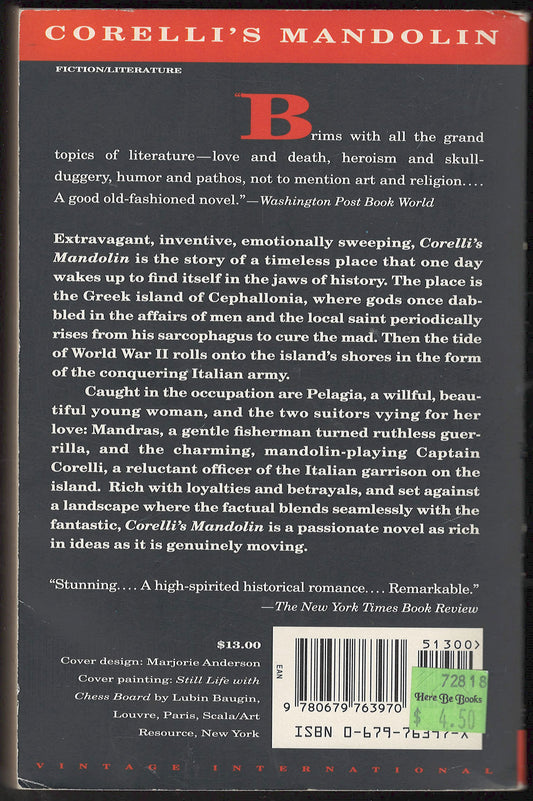 Corelli's Mandolin by Louis de Bernieres back cover