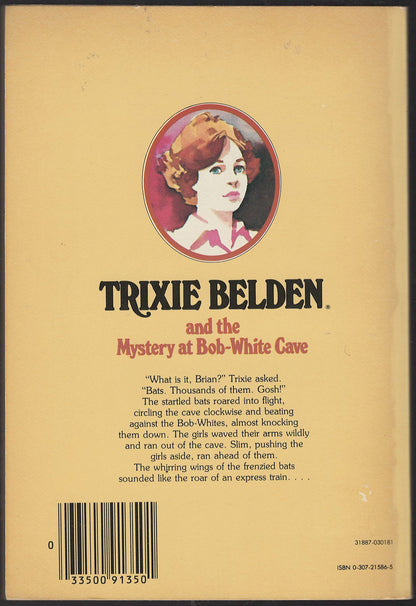 Back cover of Trixie Belden and the Mystery at Bob-White Cave with a portrait of Trixie.