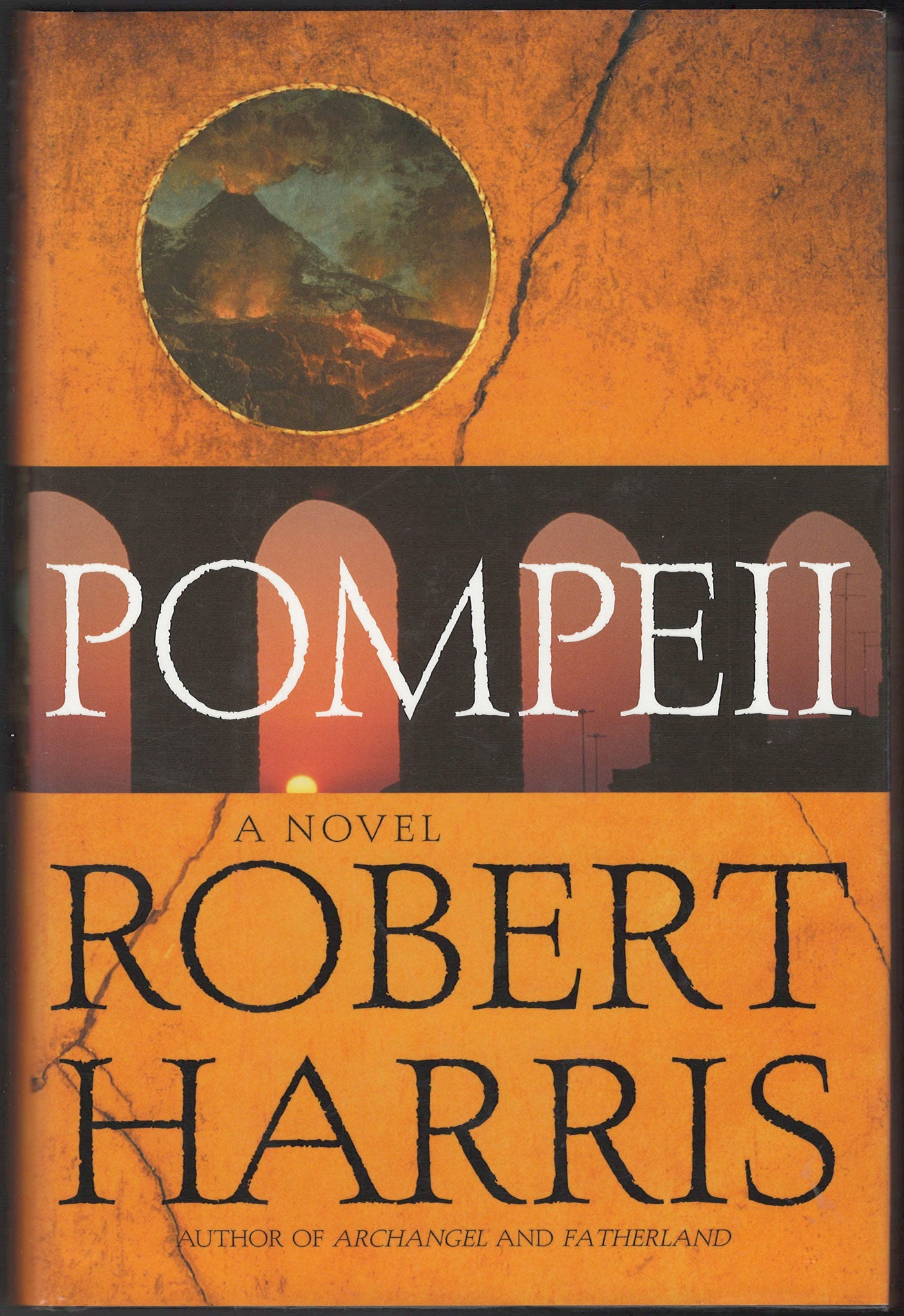 Front cover of Pompeii by Robert Harris with an orange and black design.
