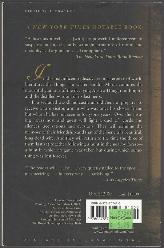 Embers by Sandor Marai back cover