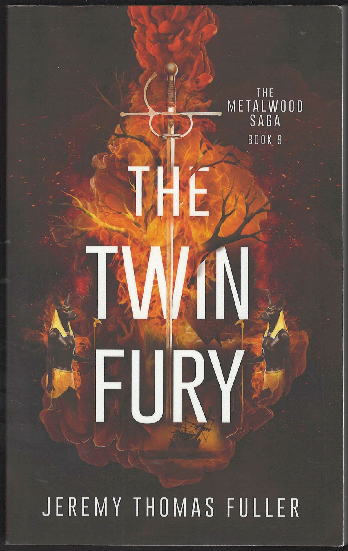 Front cover of The Twin Fury by Jeremy Thomas Fuller, showing a dark fiery tree illustration with a sword and large white title text.