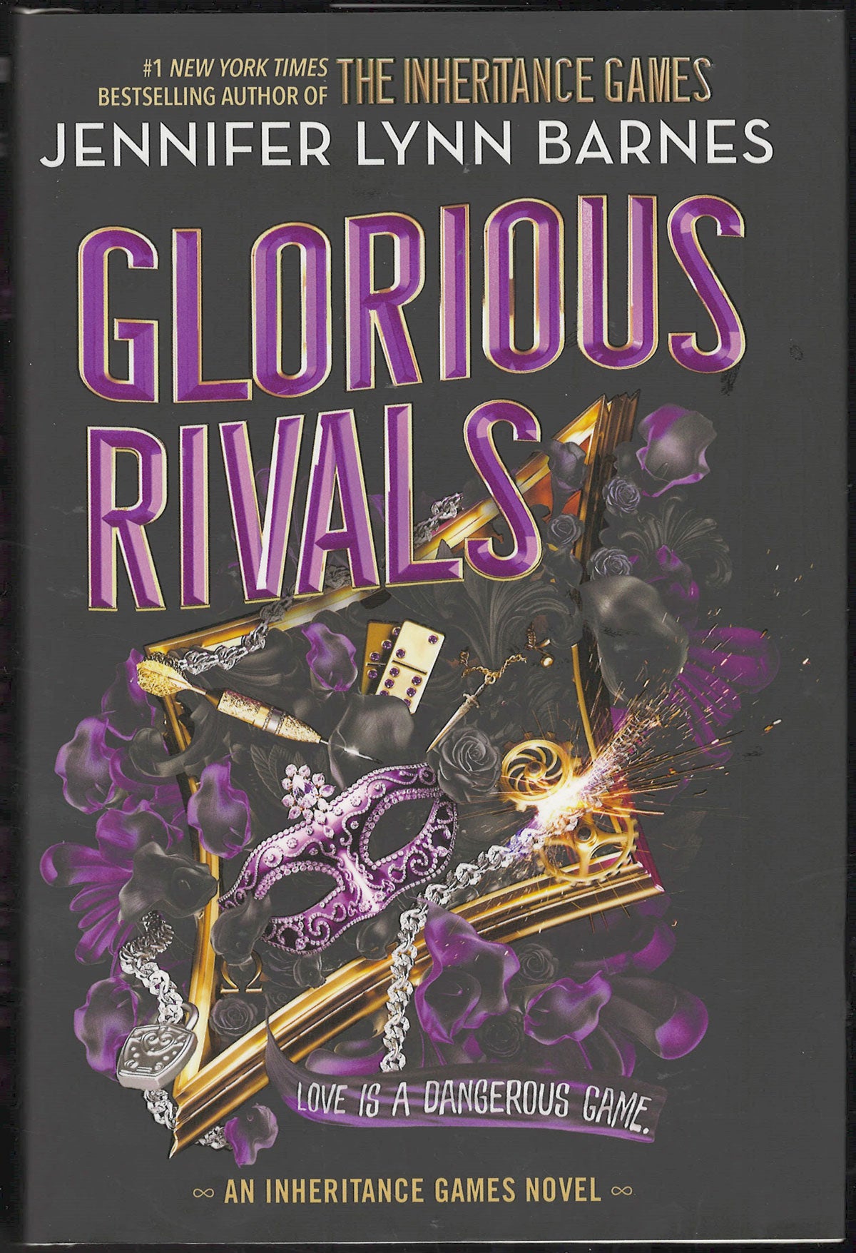 Front cover of Glorious Rivals by Jennifer Lynn Barnes, featuring large purple title text over a dark background with a masquerade mask, watch, and purple flowers.