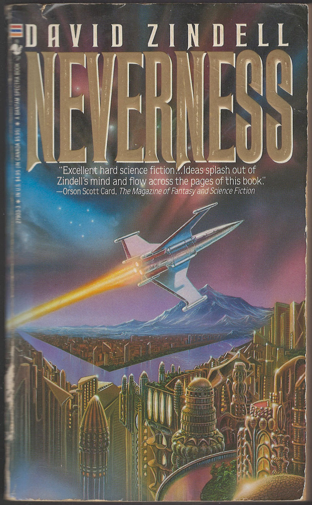 Front cover of Neverness by David Zindell with a spaceship and futuristic cityscape illustration.