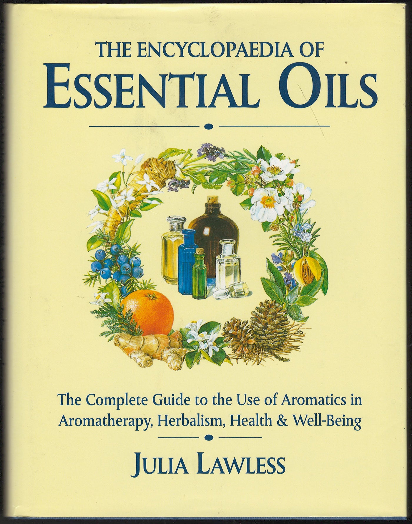 Front cover of The Encyclopaedia of Essential Oils by Julia Lawless, featuring illustrations of essential oils and herbs.