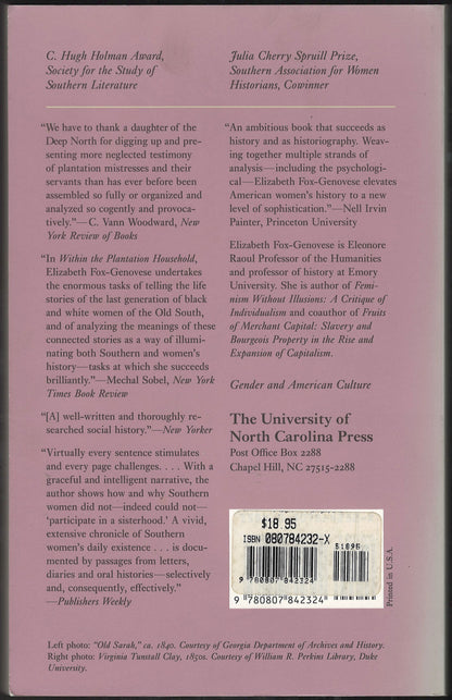 Within the Plantation Household by Elizabeth Fox-Genovese back cover