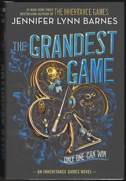 Front cover of The Grandest Game by Jennifer Lynn Barnes, featuring a dark background with large blue title text and an ornate gold and blue illustration of a game board and pieces.
