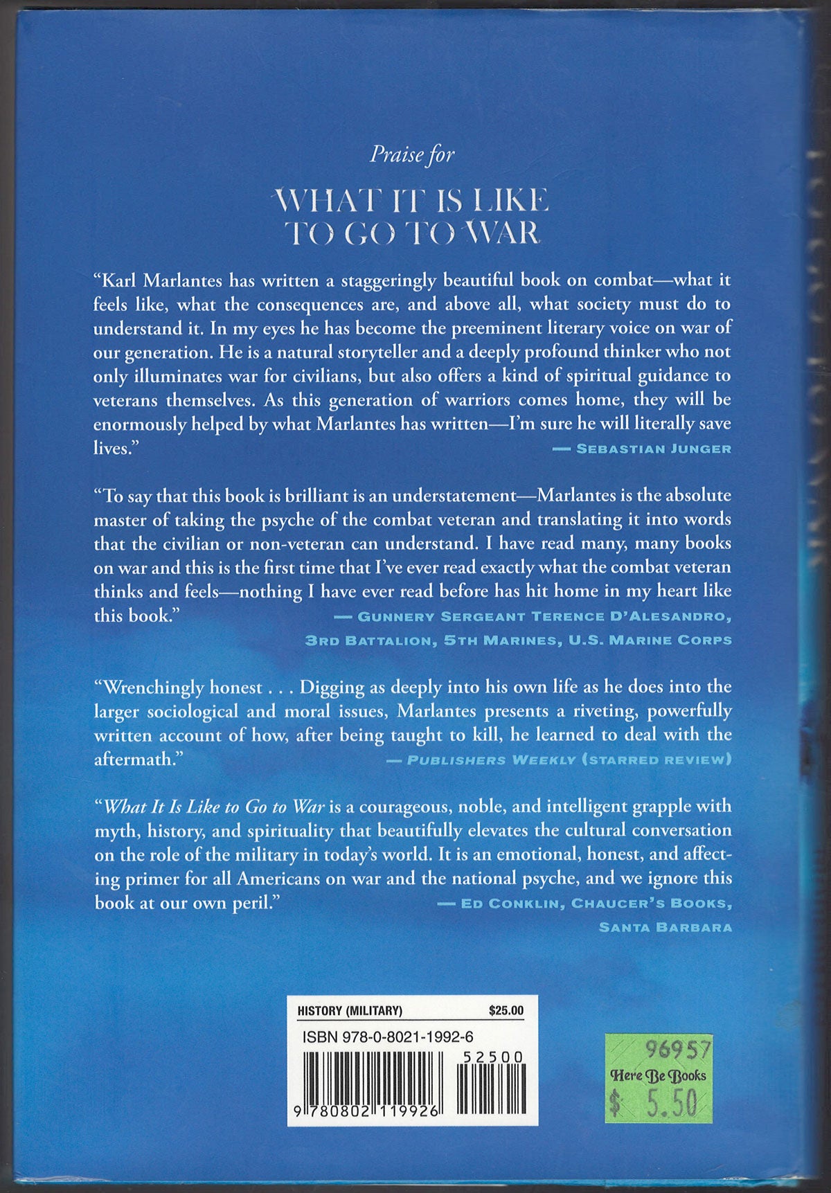 What It Is Like to Go to War by Karl Marlantes back cover