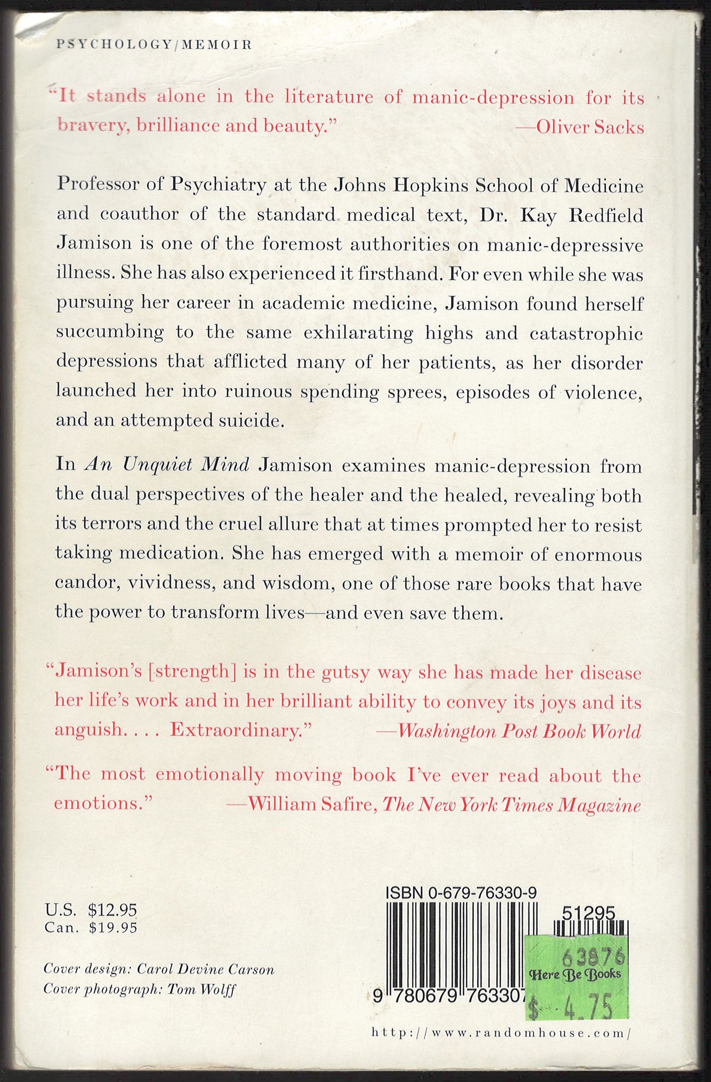 An Unquiet Mind by Kay Jamison back cover