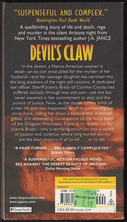 Devil's Claw by J. A. Jance back cover