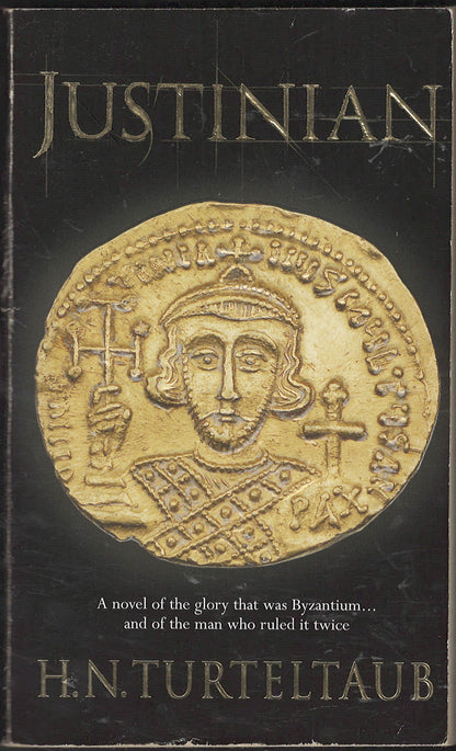 Front cover of Justinian with a gold coin featuring Justinian on a black background