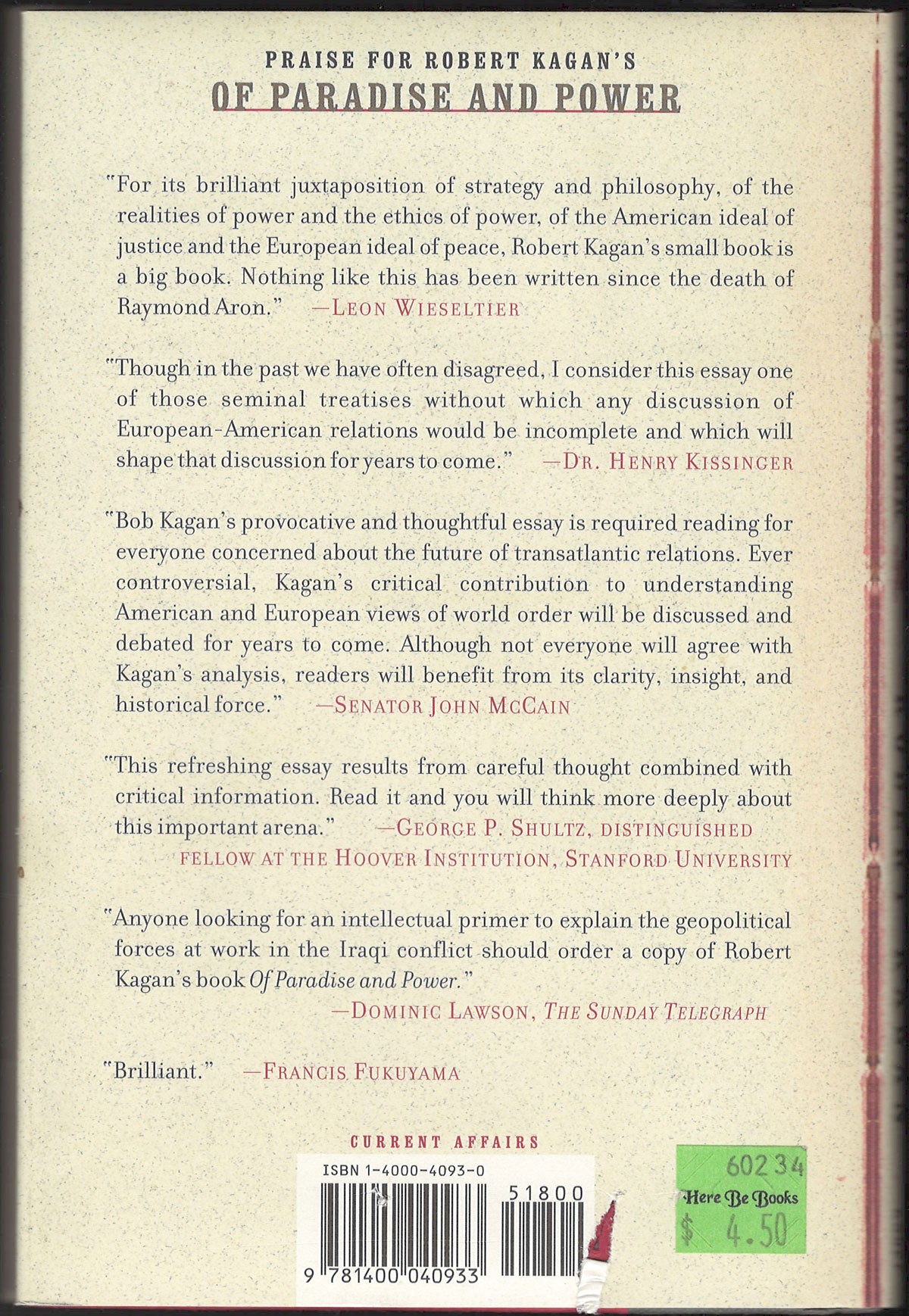 Of Paradise and Power by Robert Kagan back cover