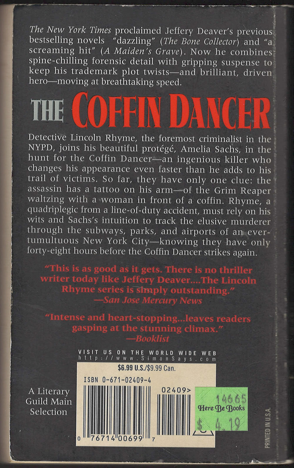 The Coffin Dancer by Jeffery Deaver back cover