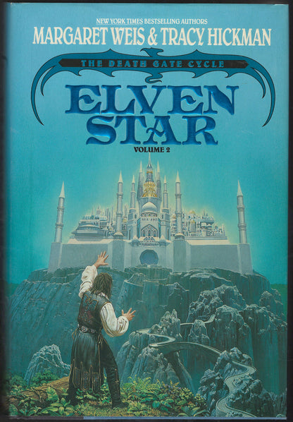 Front cover of Elven Star by Margaret Weis and Tracy Hickman with a person looking at a castle in the distance.