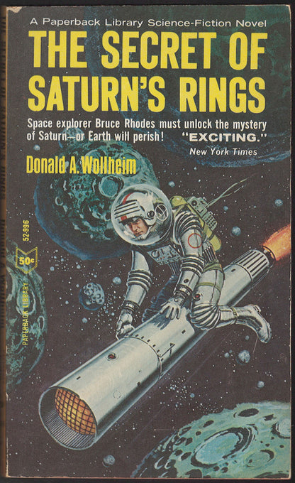 Front cover of The Secret of Saturn's Rings with an astronaut riding a rocket in space.