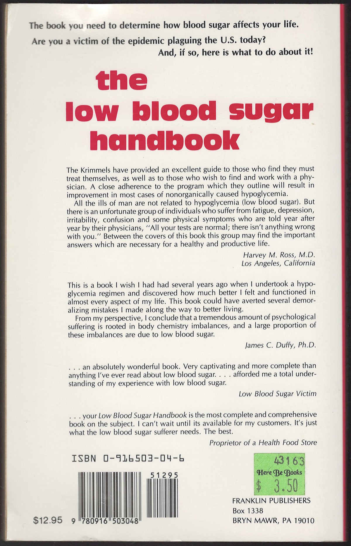 Low Blood Sugar Handbook: You Don't Have to Suffer back cover