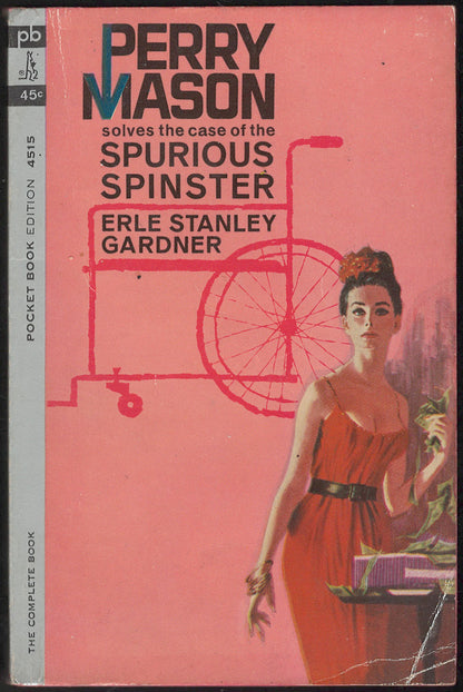 Front cover of Perry Mason Solves the Case of the Spurious Spinster by Erle Stanley Gardner with a woman in a red dress and a sketch of a wheelchair.