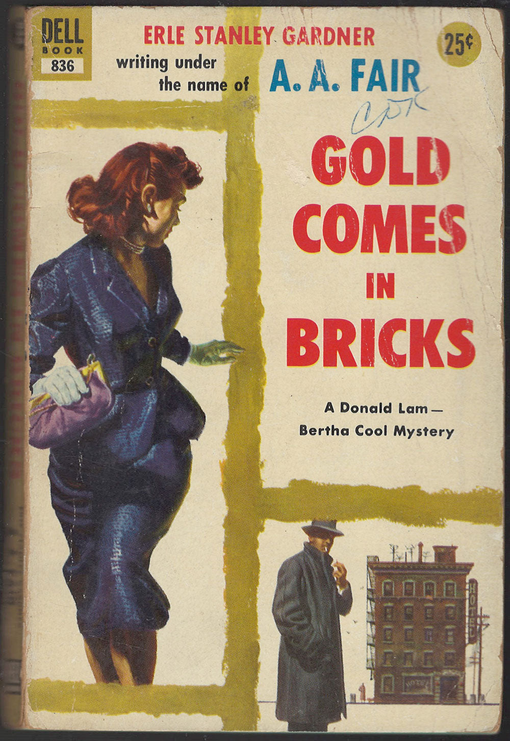 Front cover of Gold Comes in Bricks by A.A. Fair, featuring a woman running and a man in front of a building.