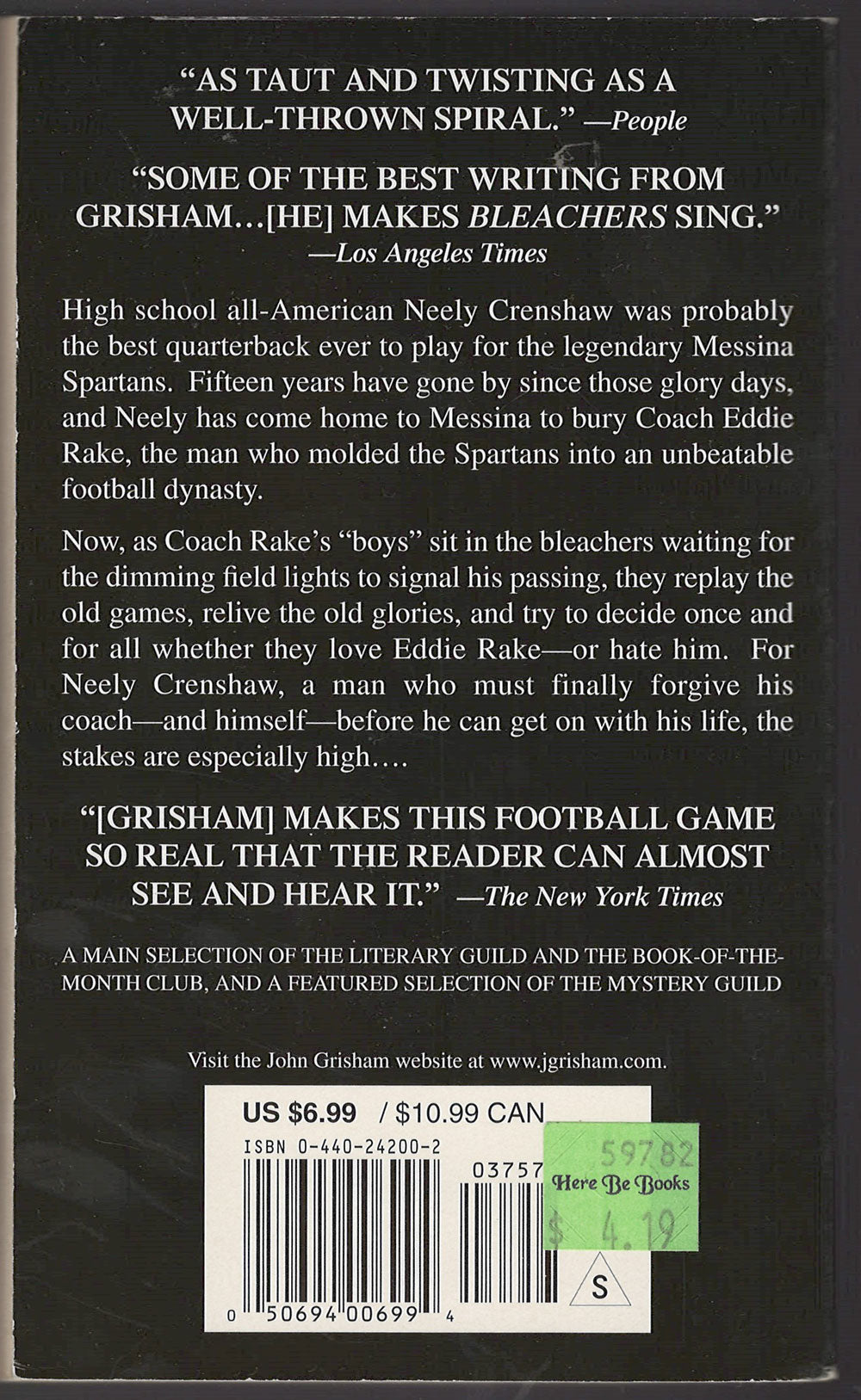 Bleachers by John Grisham back cover