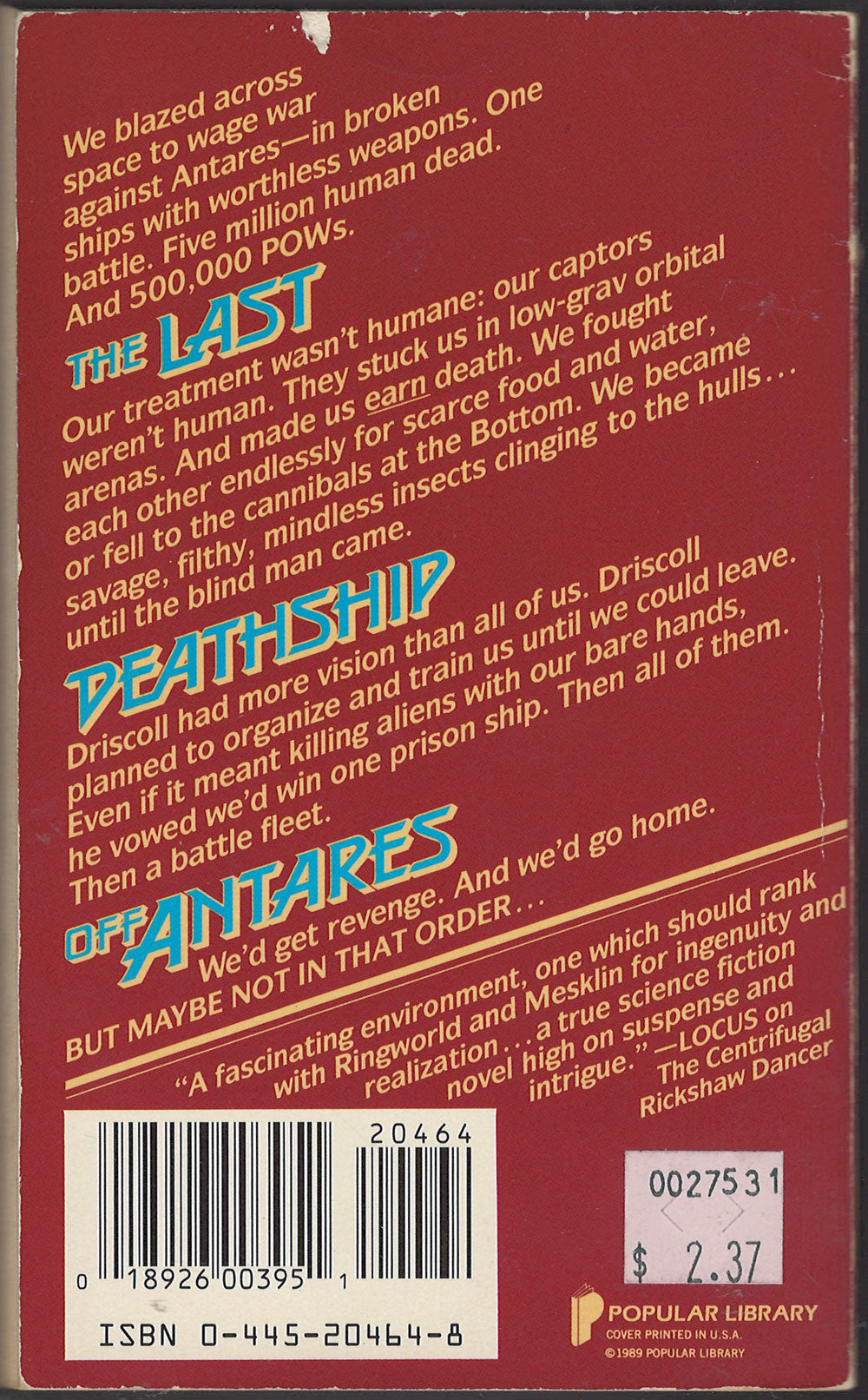 The Last Deathship Off Antares by William Watkins back cover