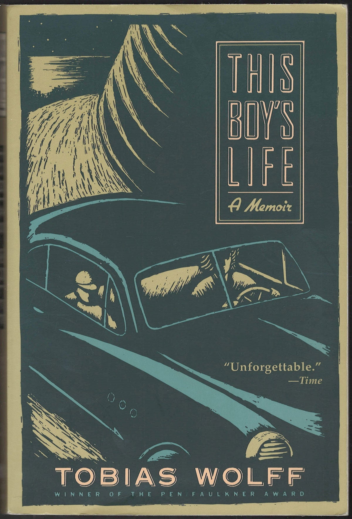 Front cover of This Boy's Life by Tobias Wolff with a car illustration on a dark green background.