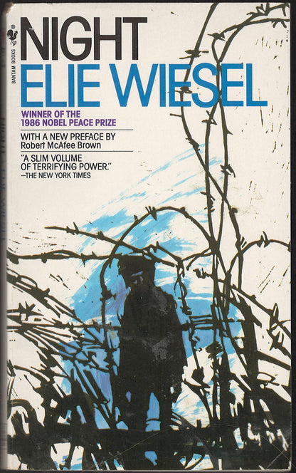 Front cover of Night by Elie Wiesel with an illustration of barbed wire and a silhouette design.