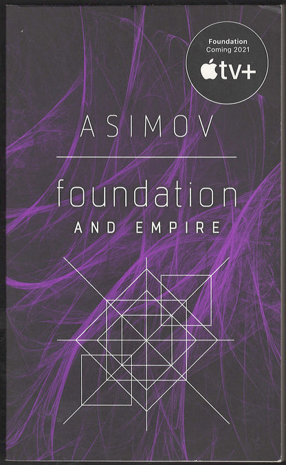 Front cover of Foundation and Empire by Isaac Asimov with a purple abstract design on a black background.
