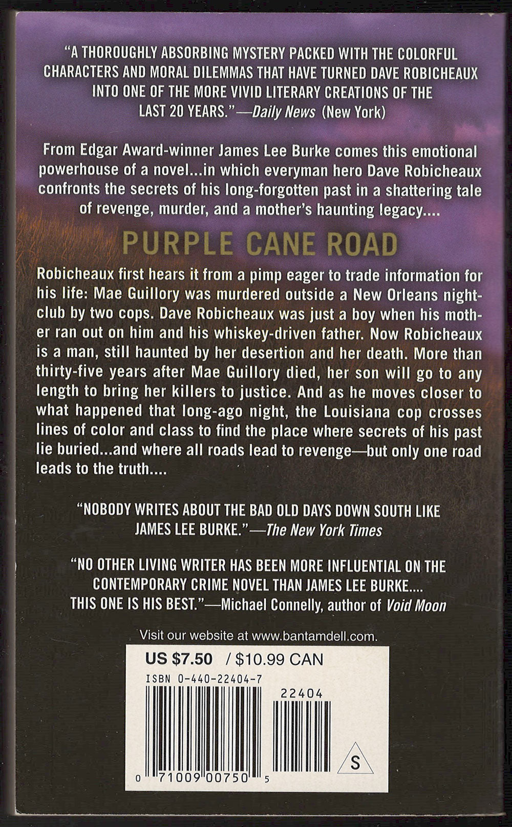 Purple Cane Road by James Lee Burke back cover