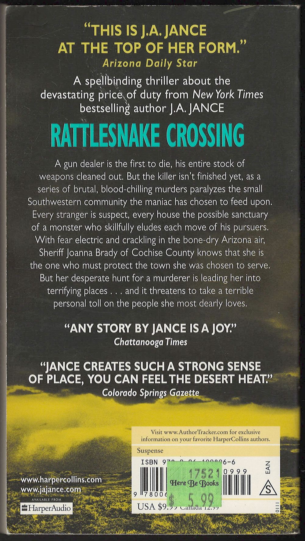 Rattlesnake Crossing by J. A. Jance back cover