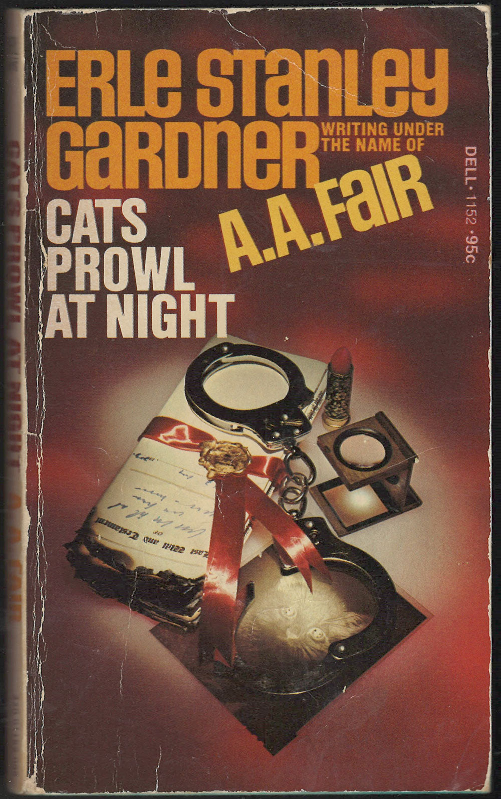 Front cover of Cats Prowl at Night by Erle Stanley Gardner, featuring handcuffs and lipstick.
