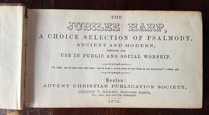 Title page of The Jubilee Harp  published by the Advent Christian Publication Society in 1872.