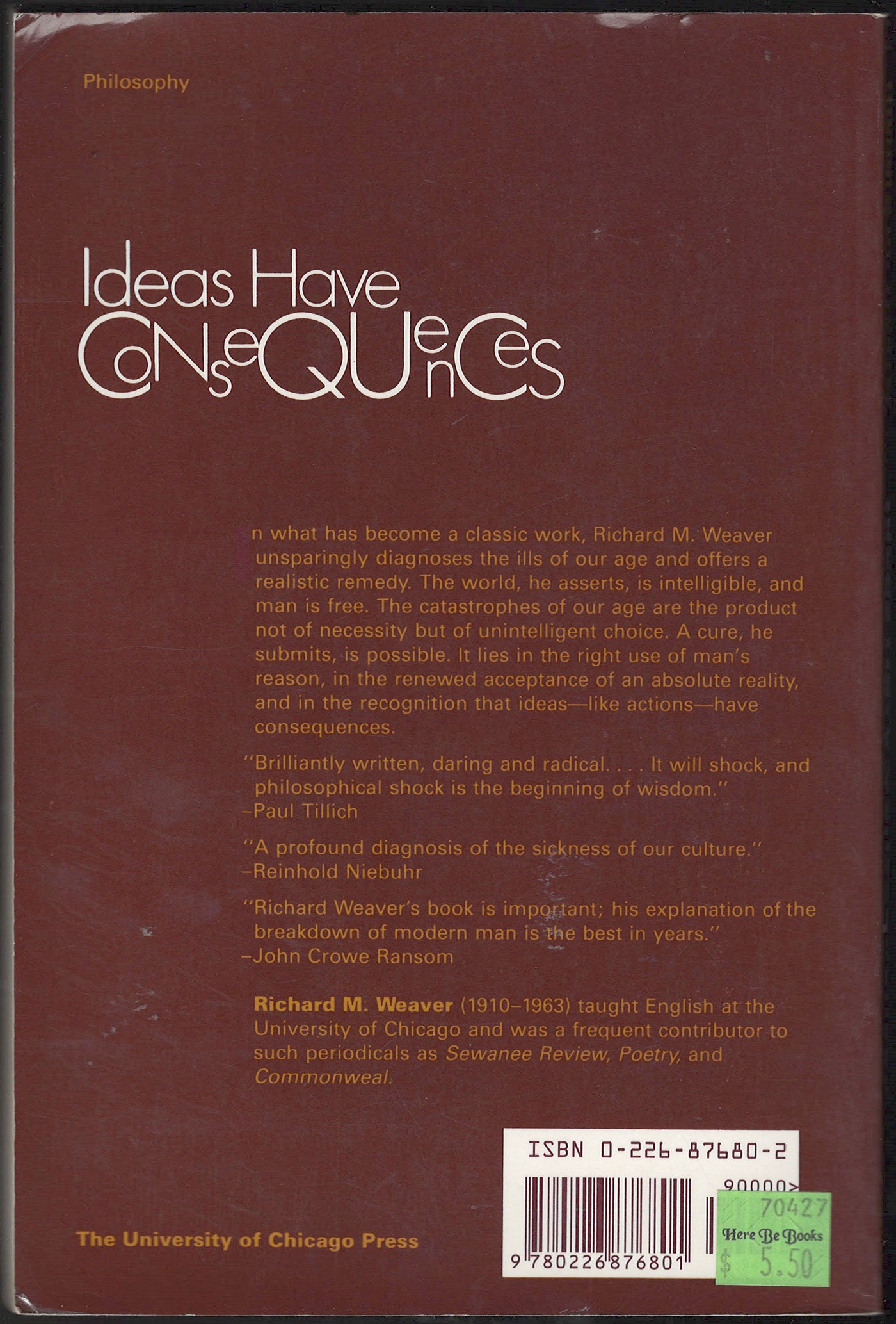 Ideas Have Consequences by Richard Weaver back cover