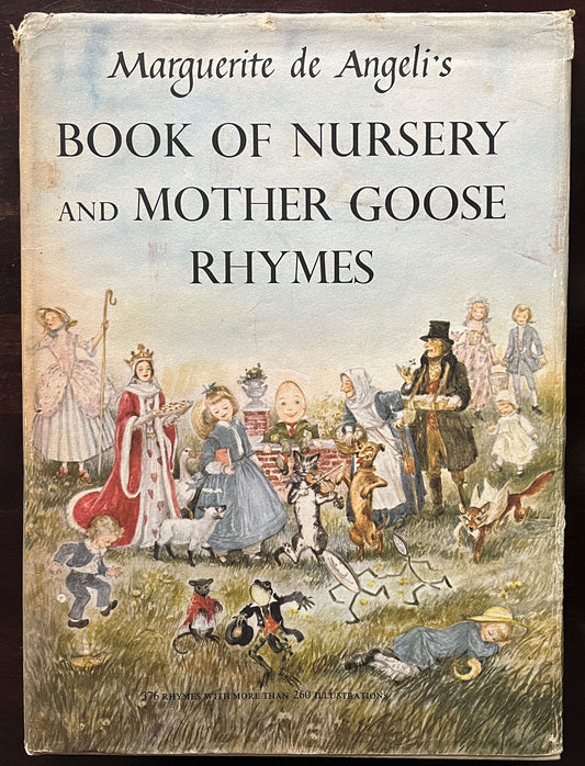 Front cover of Book of Nursery and Mother Goose Rhymes by Marguerite de Angeli, featuring illustrations of nursery rhyme characters.