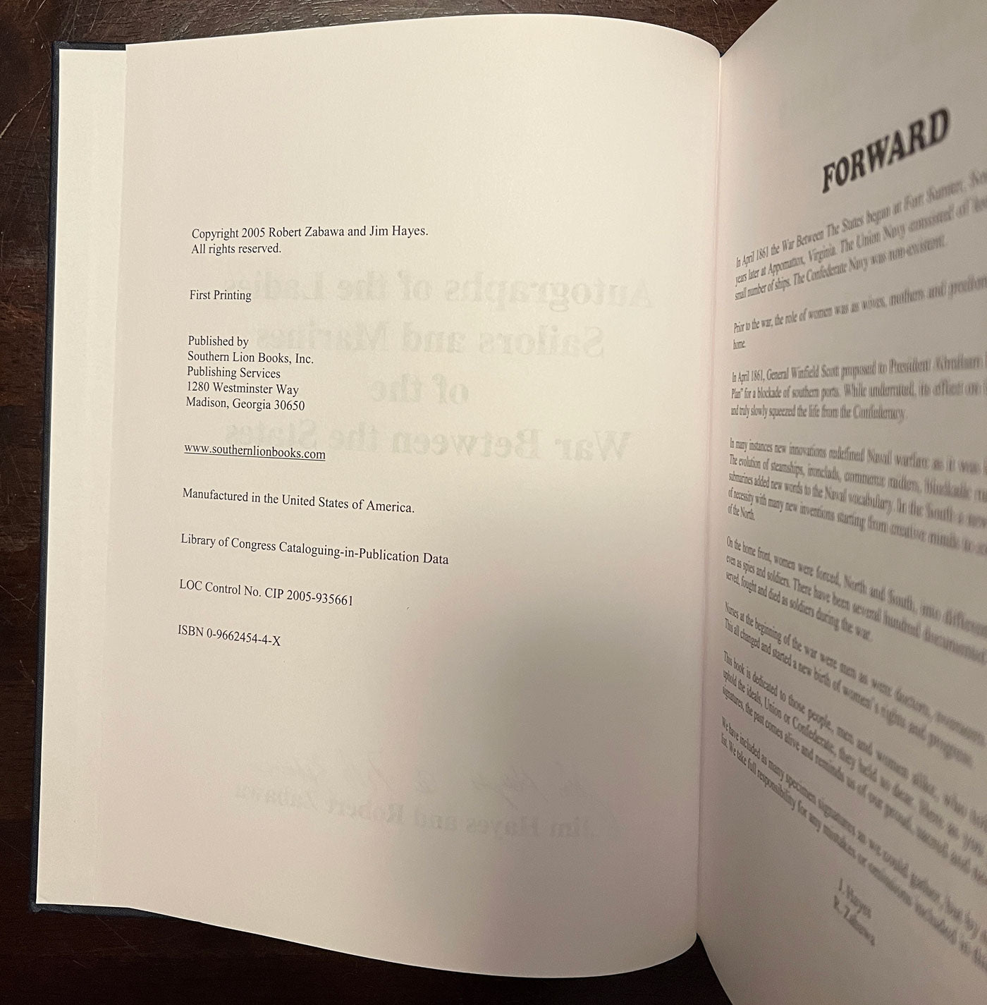 Copyright page of Autographs of the Ladies, Sailors and Marines of the War Between the States by Jim Hayes and Robert Zabawa.