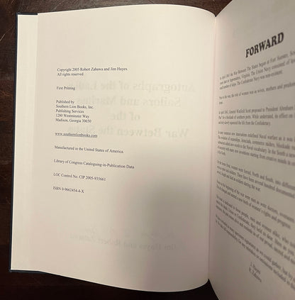 Copyright page of Autographs of the Ladies, Sailors and Marines of the War Between the States by Jim Hayes and Robert Zabawa.