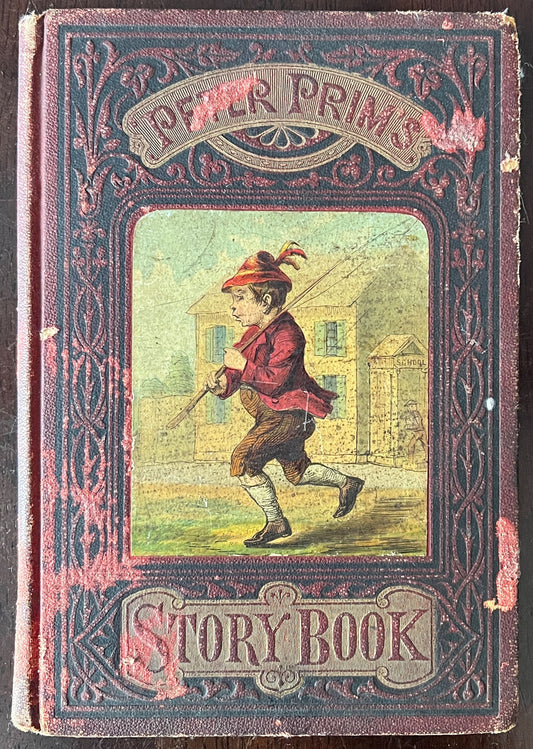 Vintage book cover of Peter Prim's Story Book with a boy in a red coat and hat.