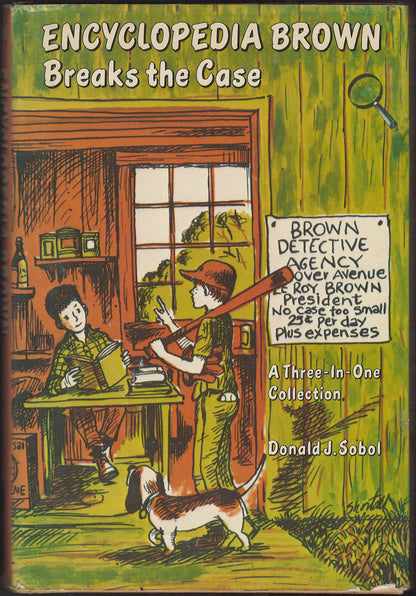 Front cover of Encyclopedia Brown Breaks the Case with two children and a dog in a garage converted into a detective agency.