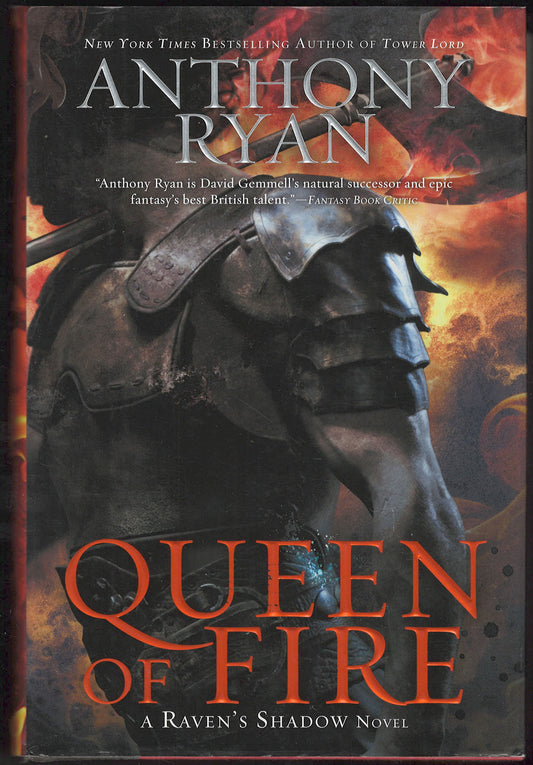 Front cover of Queen of Fire by Anthony Ryan featuring a warrior on a horse with fiery background.