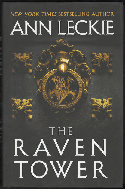 Front cover of The Raven Tower by Ann Leckie with a dark background and gold emblem.