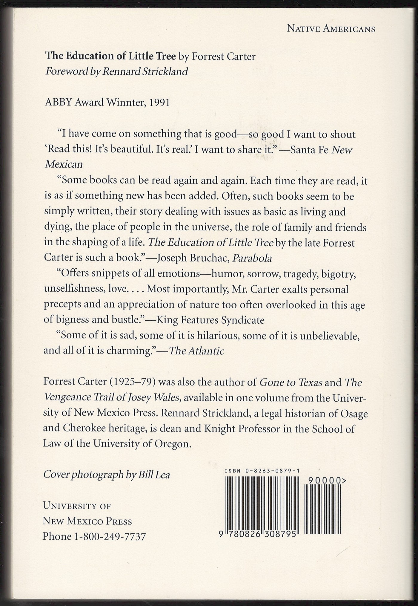 Education of Little Tree by Forrest Carter back cover