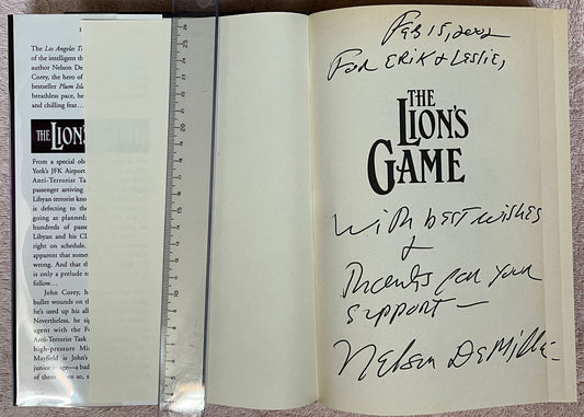 Lion's Game by Nelson DeMille dedication on half title page