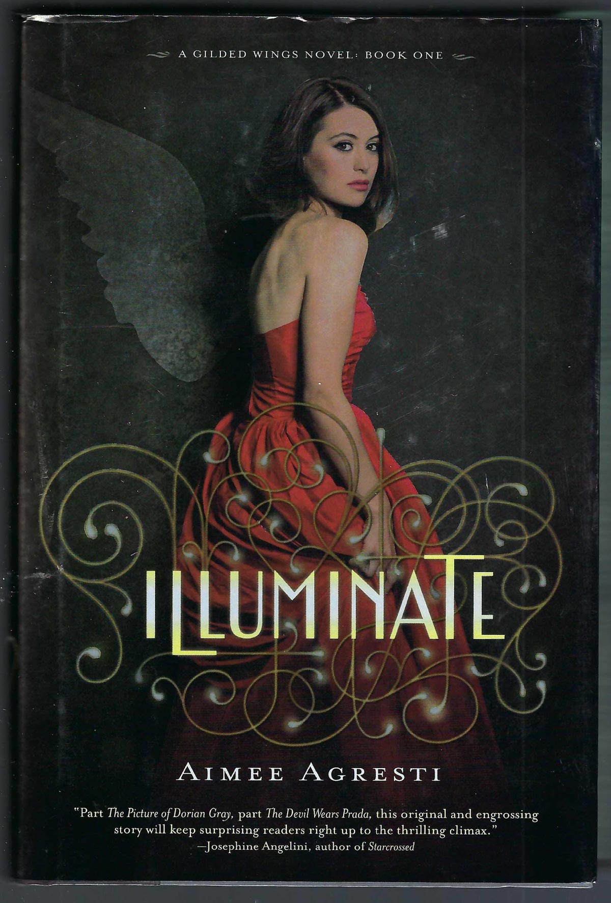Front cover of Illuminate by Aimee Agresti featuring a woman in a red dress with a suggestion of angel wings.