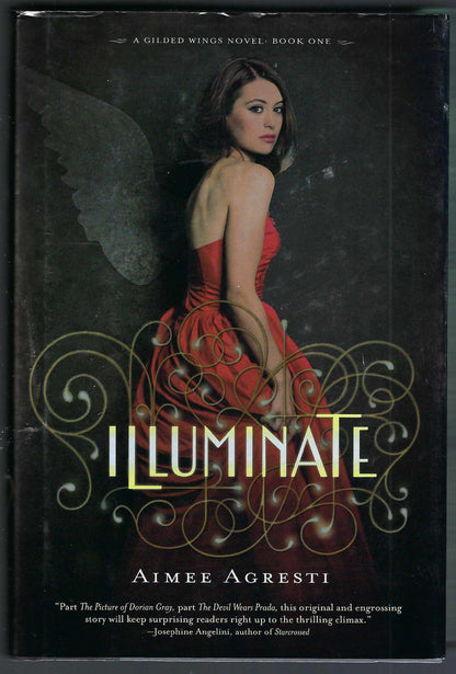 Front cover of Illuminate by Aimee Agresti featuring a woman in a red dress with a suggestion of angel wings.