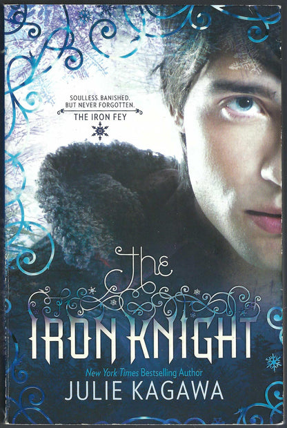 Front cover of The Iron Knight by Julie Kagawa, featuring a close-up portrait of a young man with blue eyes, a dark fur-lined hood, and icy blue decorative swirls on a light background.