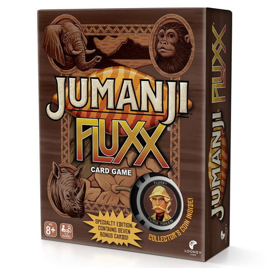 Jumanji Fluxx card game box with animal illustrations.